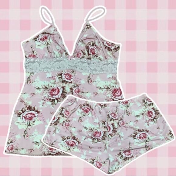 Flora Coquette Fairycore Pink Floral Pajama Set with Cami and Shorts Size Large - Picture 1 of 12